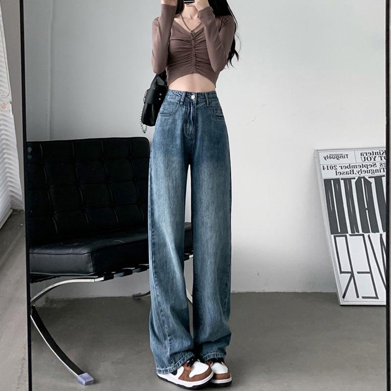 Korean-Style High-Waisted Wide-Leg Jeans for Women - Autumn/Winter, Loose Fit, Plus Size, Floor-Length Trousers