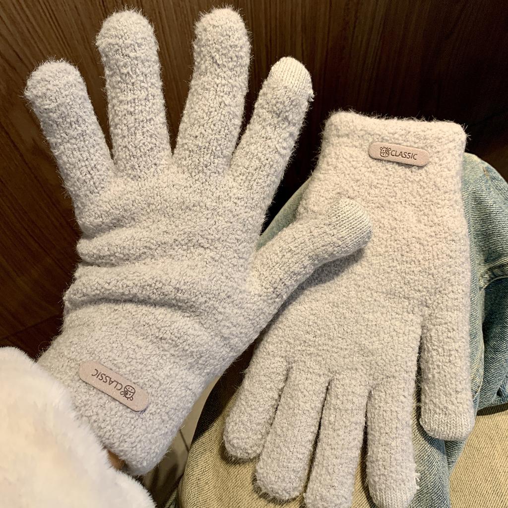 ins Knitted Finger Gloves Women's Warm Thickened Fleece Antifreeze Solid Color Gloves Students
