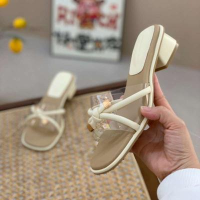 French Thick Heel One-word Female Summer Wear 2025 New Versatile Fairy Style Square Head with Skirt Medium Heel Cool Slippers