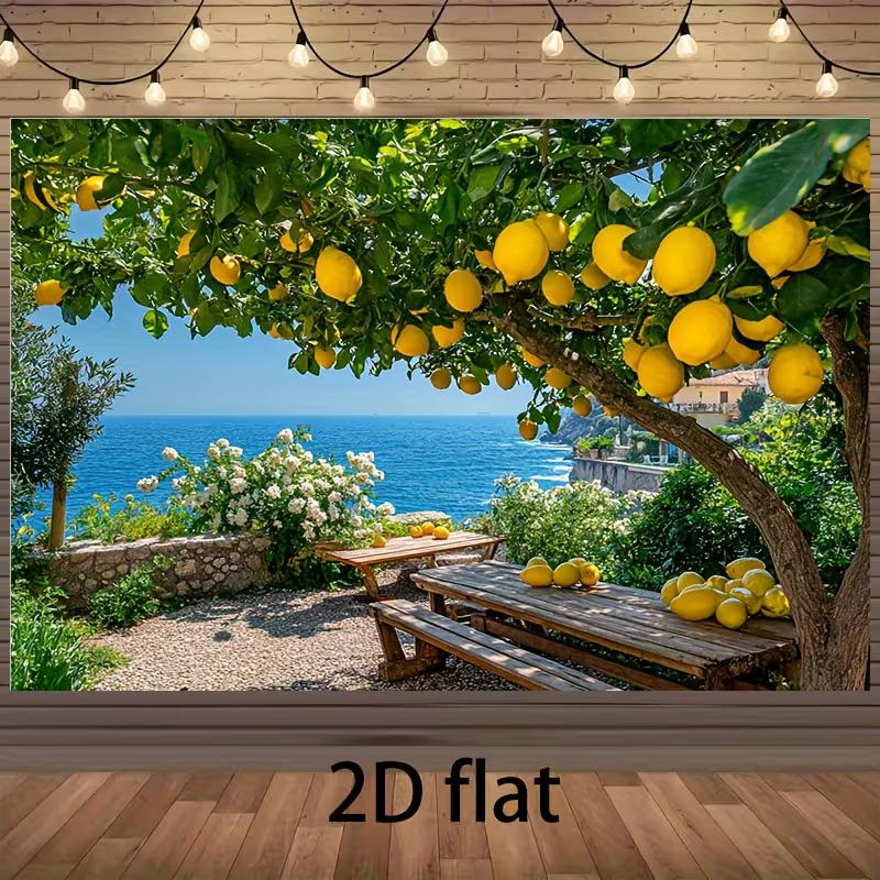 Helles Mittelmeer-Zitronenbaum-Wandteppich, Sonnenterrasse mit Blick auf das Blaue Meer und einem fruchttragenden Zitronenbaum, Frische Sommer-Wandkunst