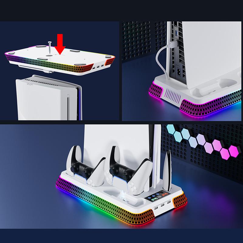 Multifunktionaler vertikaler RGB-Kühlständer für PS5/PS5 Slim/PS5 Pro – mit Controller-Ladestation, Headset-Haken und USB-Anschluss