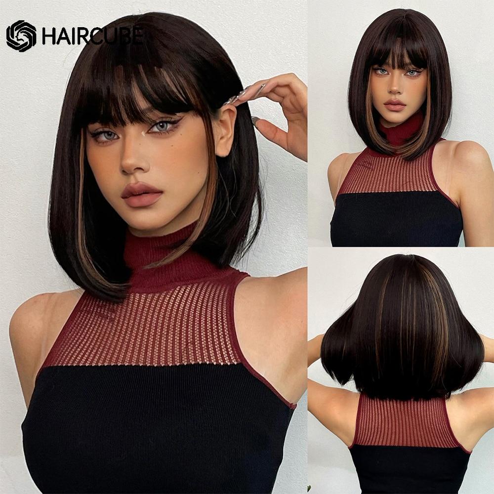 HAIRCUBE Short Brown Synthetic Natural Wig for Women Straight Shoulder Length Brown Hair With Bangs Heat Resistant Daily Cosplay