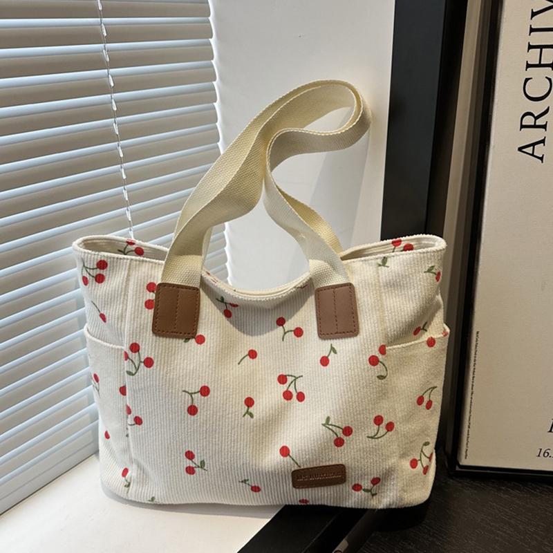 Corduroy Tote Bag Cute Cherry Patched Purse for Women Fabric Large Capacity Tote Purse Shoulder Bag Casual Underarm Bags CLE