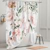Shower curtain with blooming bright pink and white roses, watercolor leaves and floral bathroom decor with hooks