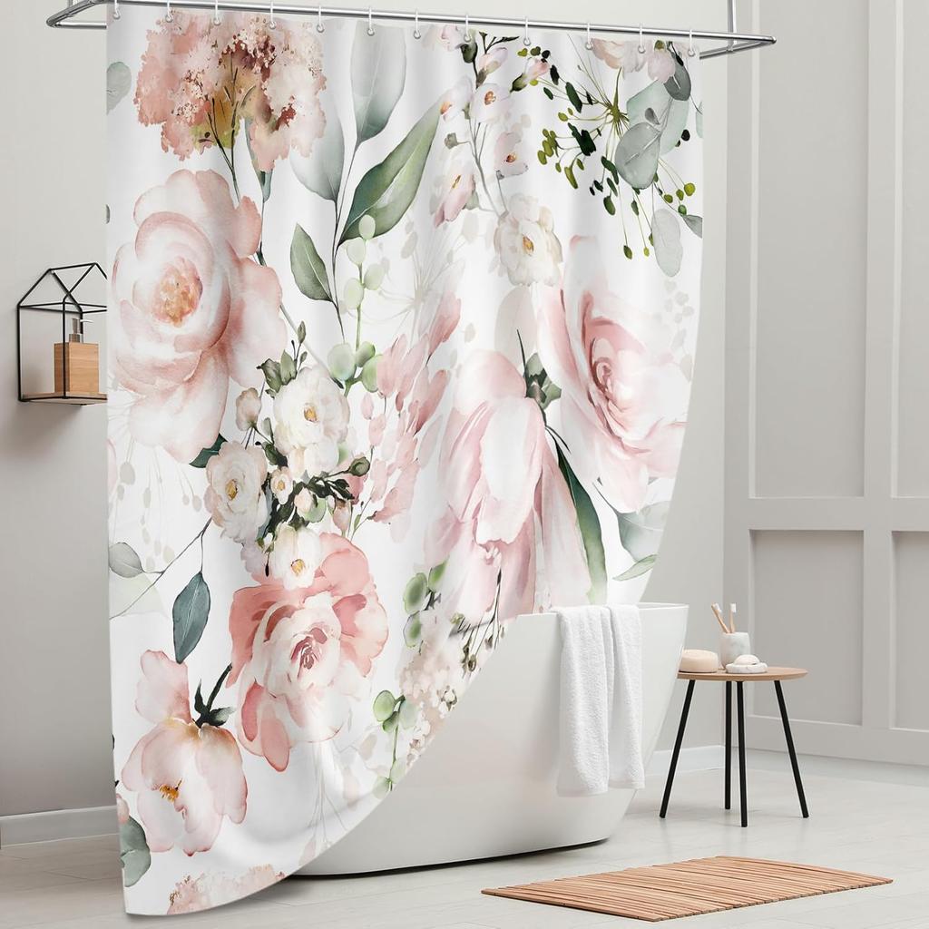 Shower curtain with blooming bright pink and white roses, watercolor leaves and floral bathroom decor with hooks