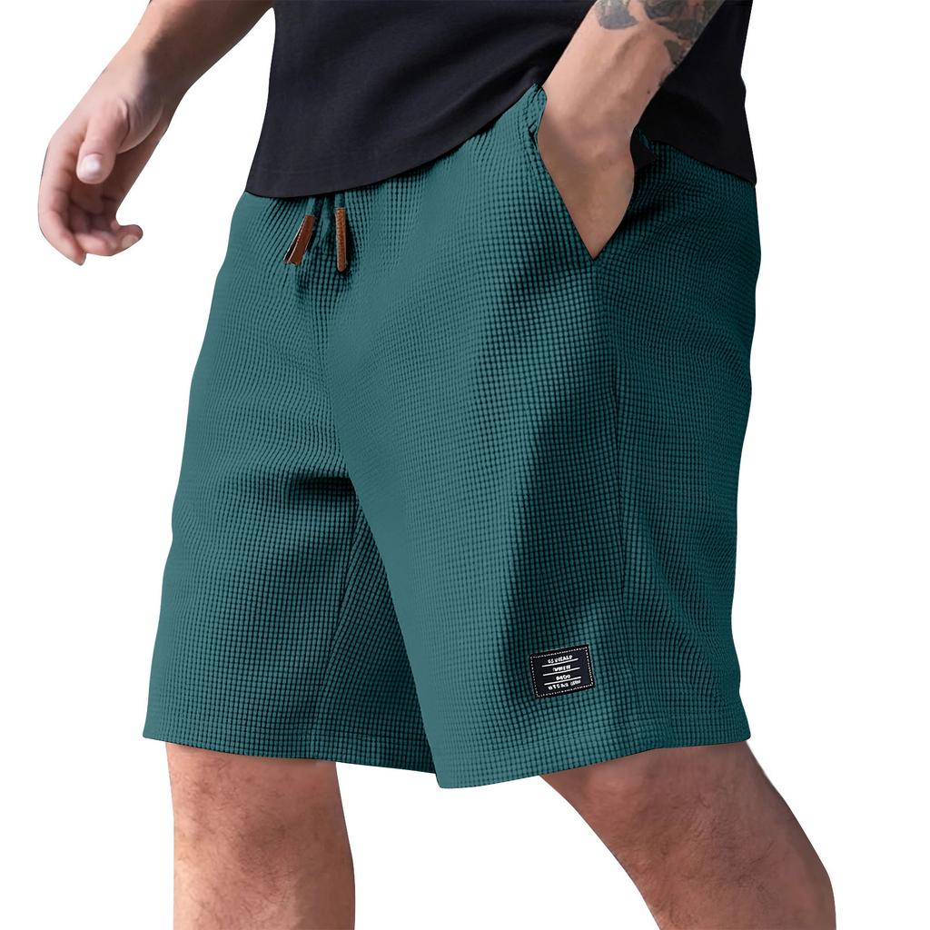 Men Knit Shorts Elastic Waistband Drawstring Adjustable Fit Relaxed Fit Patchwork Breathable Material