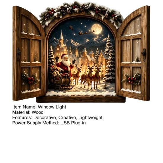 Indoor Christmas Home Decor Santa Claus Window Light, 3D Lighted Wall Decor, Warm LED Reindeer Snowy White Festive Lighting Village Scene, USB Powered