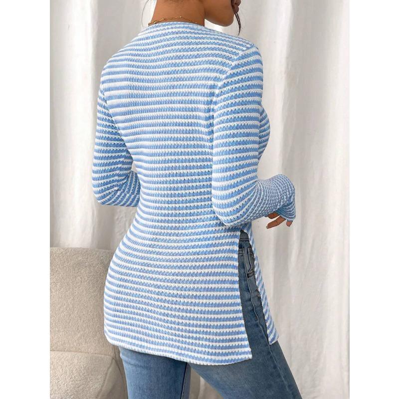 Damenmode Lässig Frühling Herbst Streifendruck Langarm O-Ausschnitt Blusen & Hemden