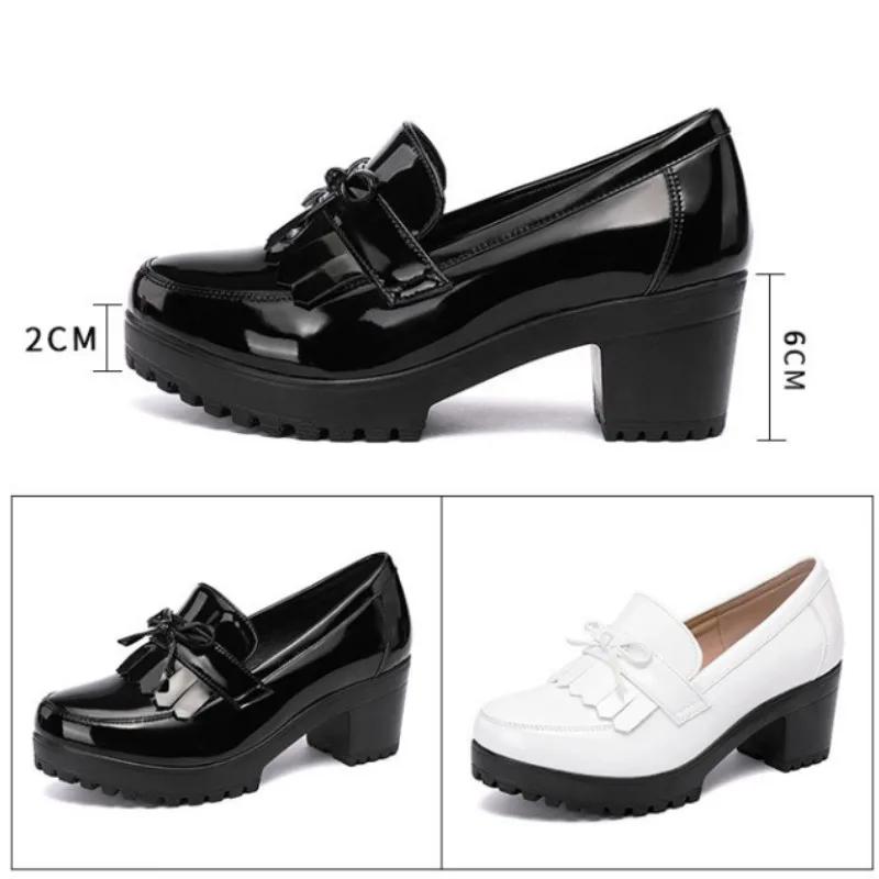 6cm Small Size 33-43 Tassel Med Block Heels Pumps Women Patent Leather Shoes 2025 Thick Bottom Platform Shoes Office Mom Model