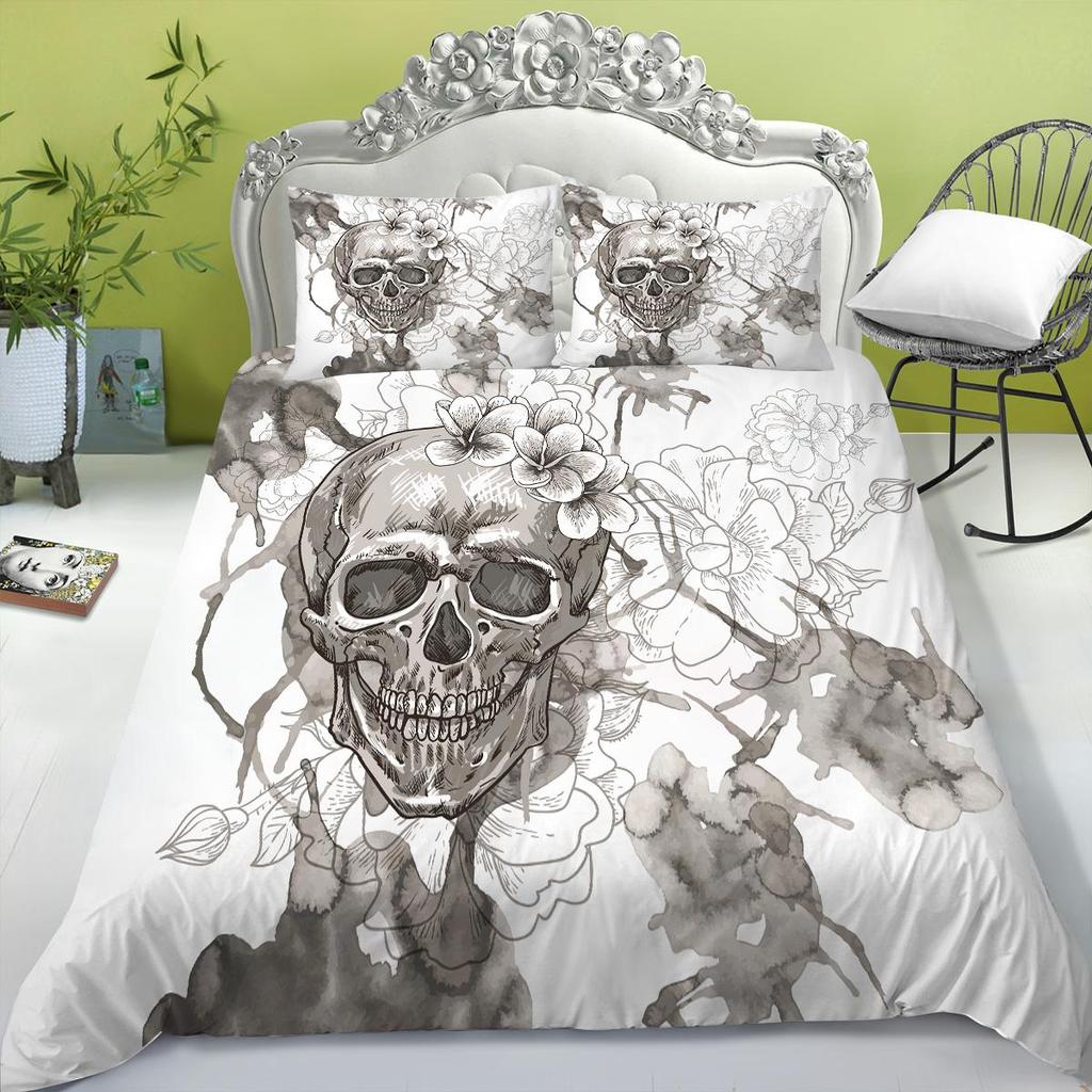 Bedding Set New Bed Cover 3D Skull Head Scary Print Family Bedroom Full Size Quilt Cover and Pillowcase Microfiber