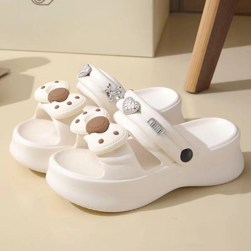

Платформенные тапочки женские летние домашние модные с бантом для ванной прохладные тапочки пляжные сандалии двойного ношения на высоком каблуке для улицы 40-41 белый