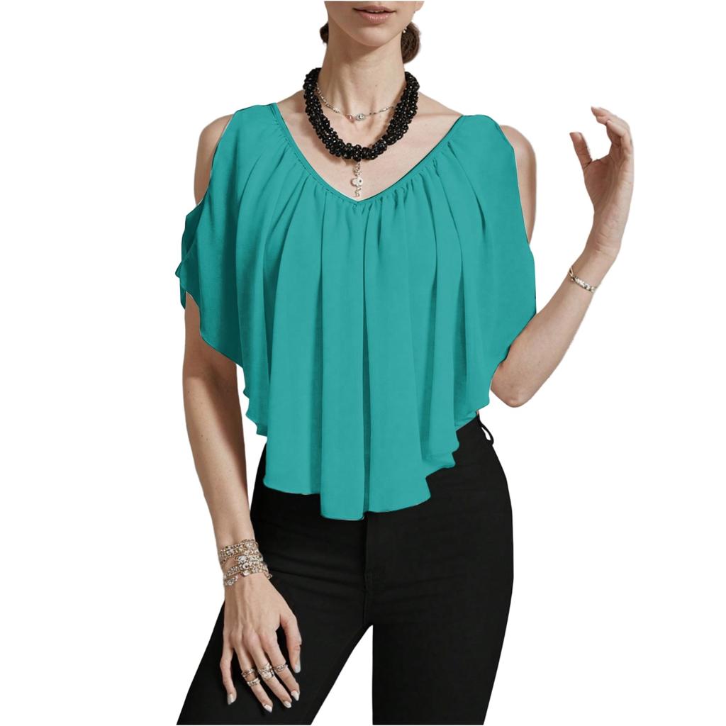 Women's Casual V-neck Off-shoulder Color T-shirt