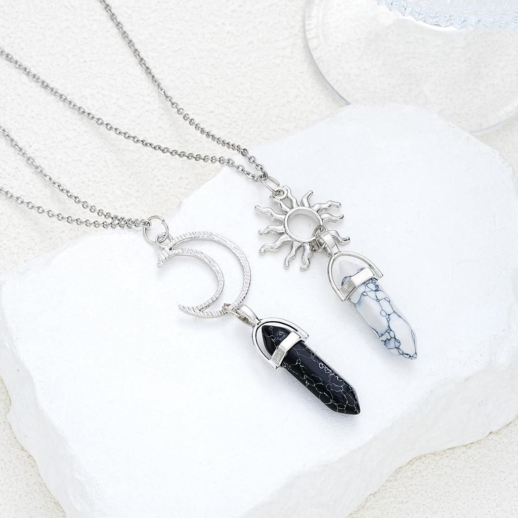2 Pcs Sun Moon Natural Stone Bullet Pendant Necklack For Men Women Lover Hexagon Pillar Quartz Crystal Stone Column Necklaces