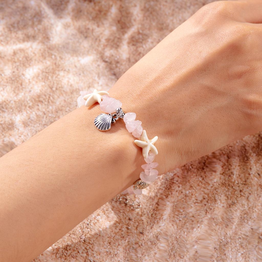 Fashion Sweet Pink Crystal Beaded Bracelet for Women Boho Turtle Starfish Shell Anklets Leg Foot Chain Summer Beach Jewelry Gift