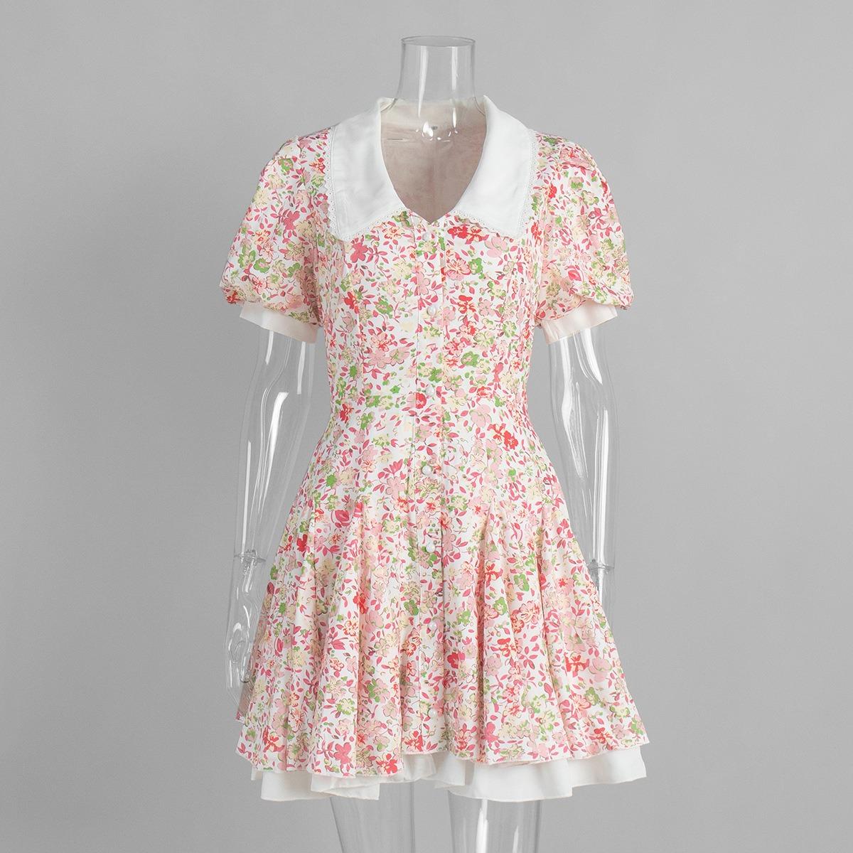 

Women s Summer Doll Collar Printed Puff Short Sleeve Single Breasted Mini Dress, European American Style S