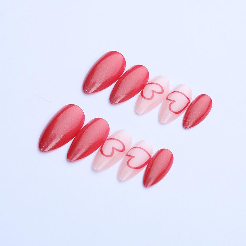 Almond wearing nail red glitter pearlescent love solid color simple high-end nail nail piece