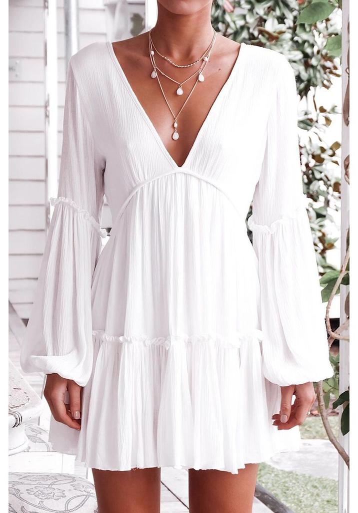 2026 Spring/Summer Sexy European & American Women's Deep V-Neck Long Lantern Sleeve Solid Color Dress