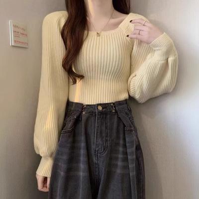 Herbst Winter Französischer Quadratischer Ausschnitt Puffärmel Design Nische Layer Wear Quadratischer Ausschnitt Strick Basic Layer Pullover Damen Top