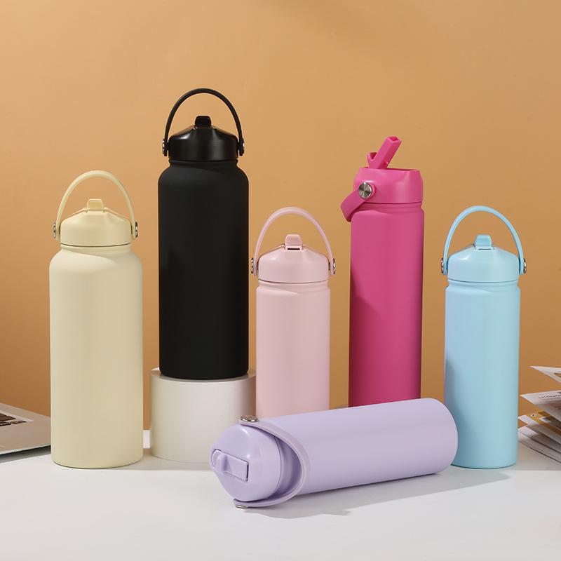 0.5-1L Stainless Steel Sports Water Bottle Wide Mouth Leakproof Insulated Flask with Detachable Straw Carry Handle Gym TravelCup