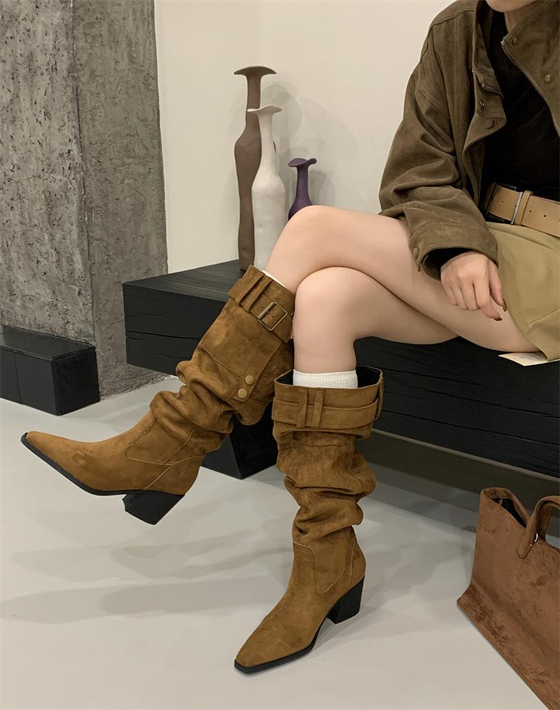 

Niche design 2025 new pointed big tube circumference high heel stacking boots retro western cowboy boots thick heel boots women 39 светло-коричневого