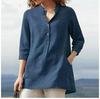 Women's Solid Color Cotton-Linen Pullover Shirt - Autumn 2021, 3/4 Sleeve, Stand-up Collar