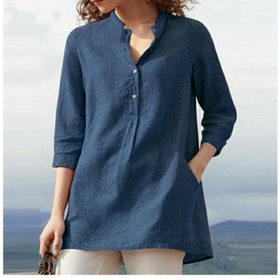 Women's Solid Color Cotton-Linen Pullover Shirt - Autumn 2021, 3/4 Sleeve, Stand-up Collar