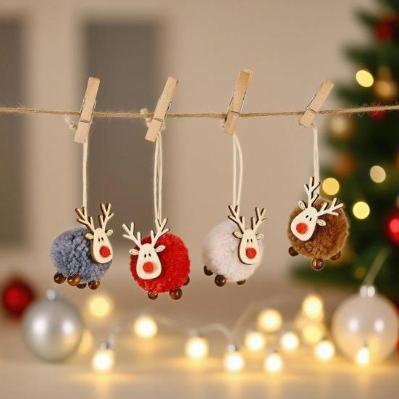 Pom Pom Reindeer Christmas Ornament Plush Elk Hanging Ornaments Wooden Deer Slices Xmas Tree Pendants for Home Party Holiday Decor