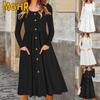 Women's Fashion Autumn Winter Solid Color Print Long Sleeve O-Neck Casual Dresses