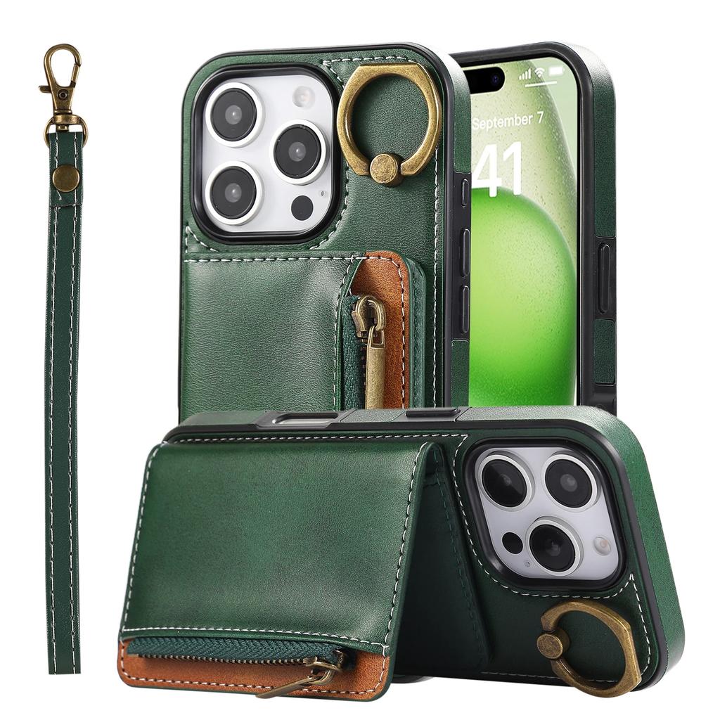 Luxury Leather Card Bag Slot Phone Case for IPhone 16 15 14 16E 13 12 17 Pro Max Plus Cases Stand Sleeve Cover with Wrist Band