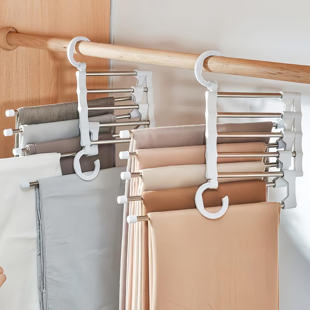 5-Bar Folding Pants Rack with Telescopic Magic Clips - Heavy-Duty Stainless Space-Saving Portable Pants Hanger
