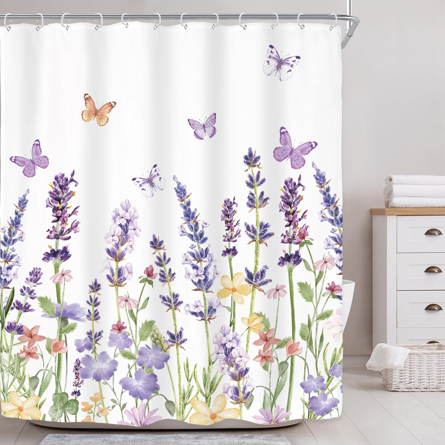 

Purple Lavender Shower Curtain, Floral Wildflower Butterfly Print, Waterproof Polyester Bathroom Decor W60H190(CM)-1 Pcs