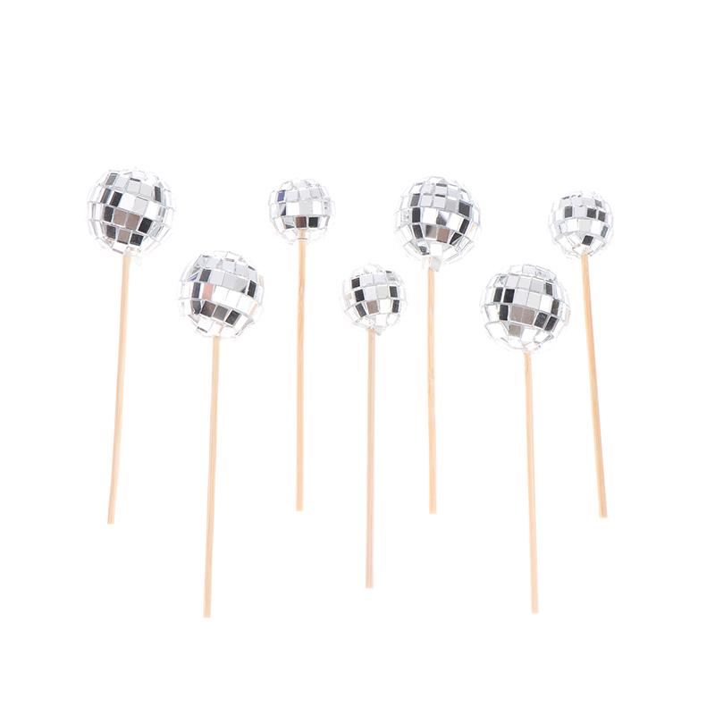 10Pcs 2/3Cm Shiny Mirror Balls Cake Topper Cupcake Toppers With Wooden Sticks Birthday Wedding Dance Party Cake Decoration