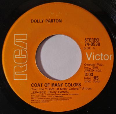 7inch Record DOLLY PARTON - Coat Of Many Colors 740538 RCA VICTOR 1971 Canada Country/Folk Used