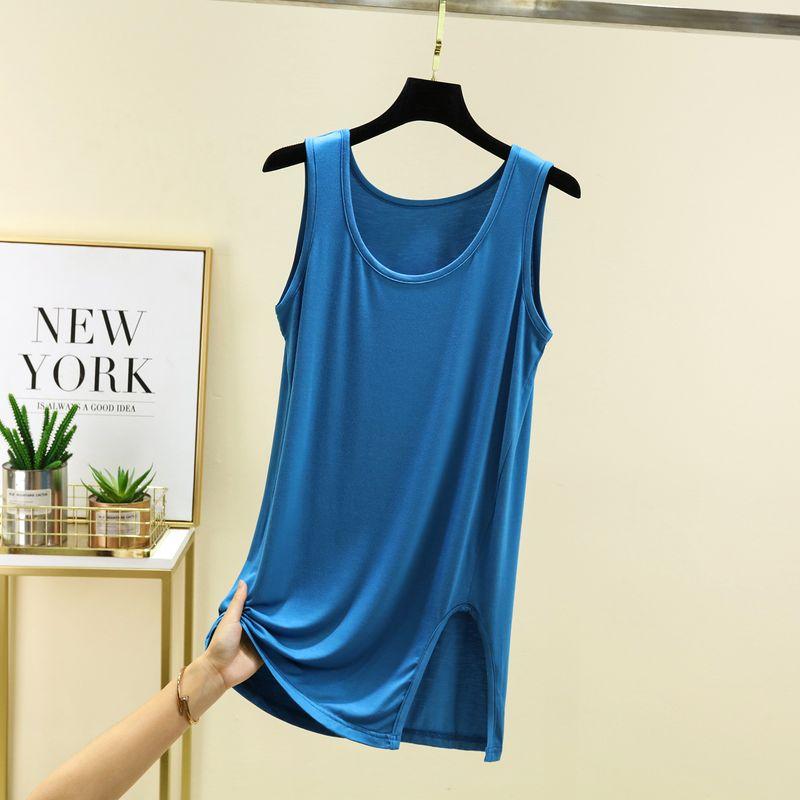 

Modal round Neck Side Slit Long Vest Summer New Arrival All-Matching Sleeveless T-shirt Pure Color Plus Size Loose Casual Top Peacock Blue 2XL (70.00 kg-82.50 kg recommended