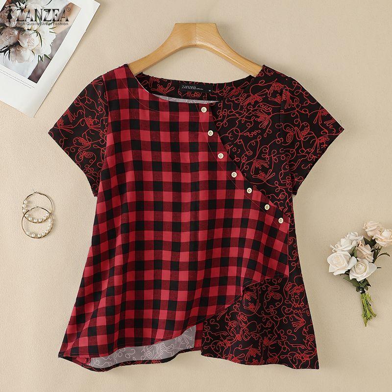 ZANZEA Women Casual Round Neck Summer Short Sleeve Print Blouse