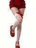 1 Pc Valentine'S Day Women'S Sweet Heart Print Thigh-High Socks, Red Bow Accent Cute Cozy Stockings, Perfect For Romantic Dates