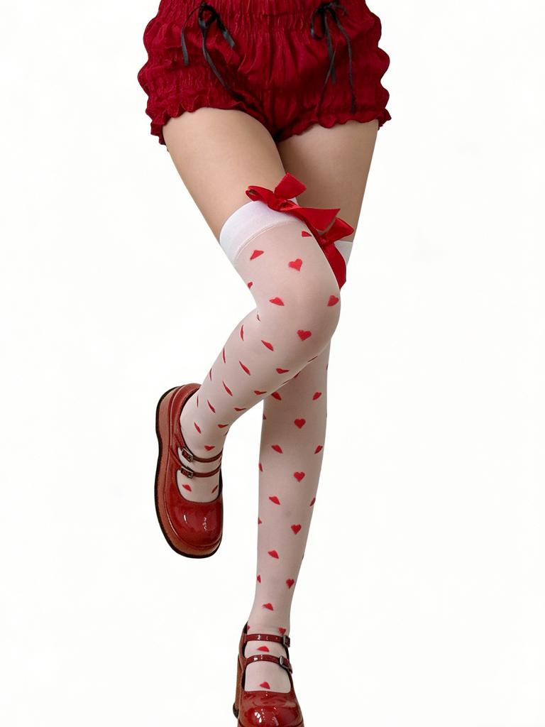 1 Pc Valentine'S Day Women'S Sweet Heart Print Thigh-High Socks, Red Bow Accent Cute Cozy Stockings, Perfect For Romantic Dates