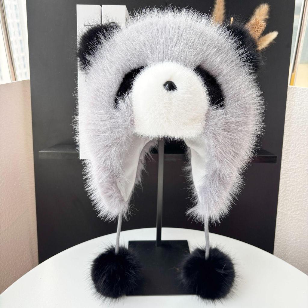 Módní zimní panda klobouk s klapkami na uši z umělé liščí kožešiny pro dospělé a děti