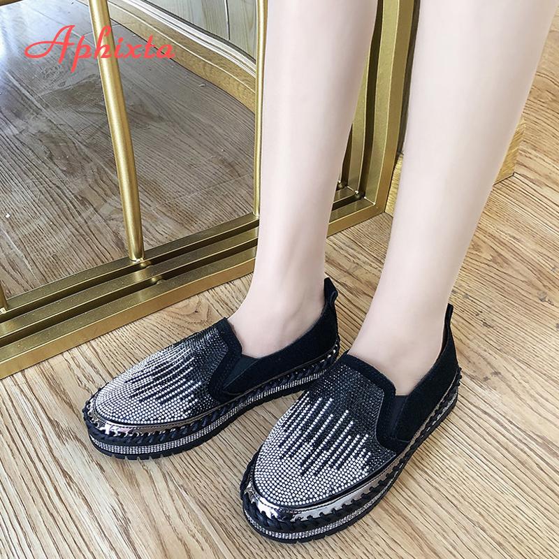Fashion Aphixta Luxury Crystals Flats Women Slip On Red Pink Khaki Women Sexy Platform Casual Women Shoes Flats Female Rhinestone Loafer