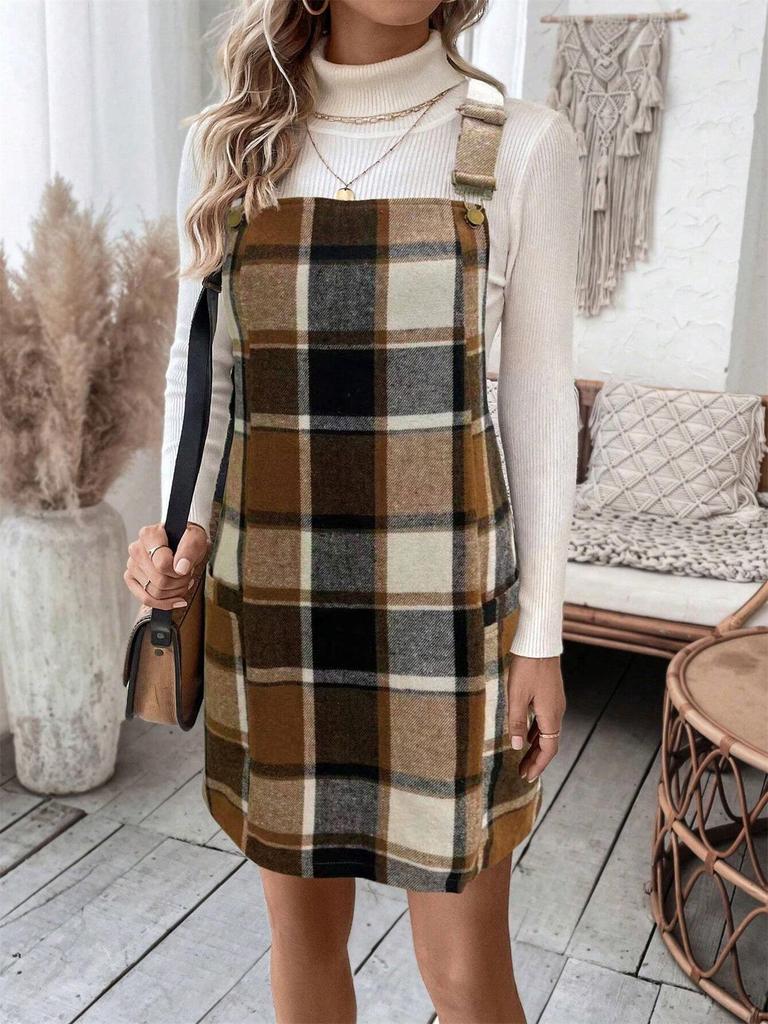 Women's Casual Plaid Overall Dress with Pockets