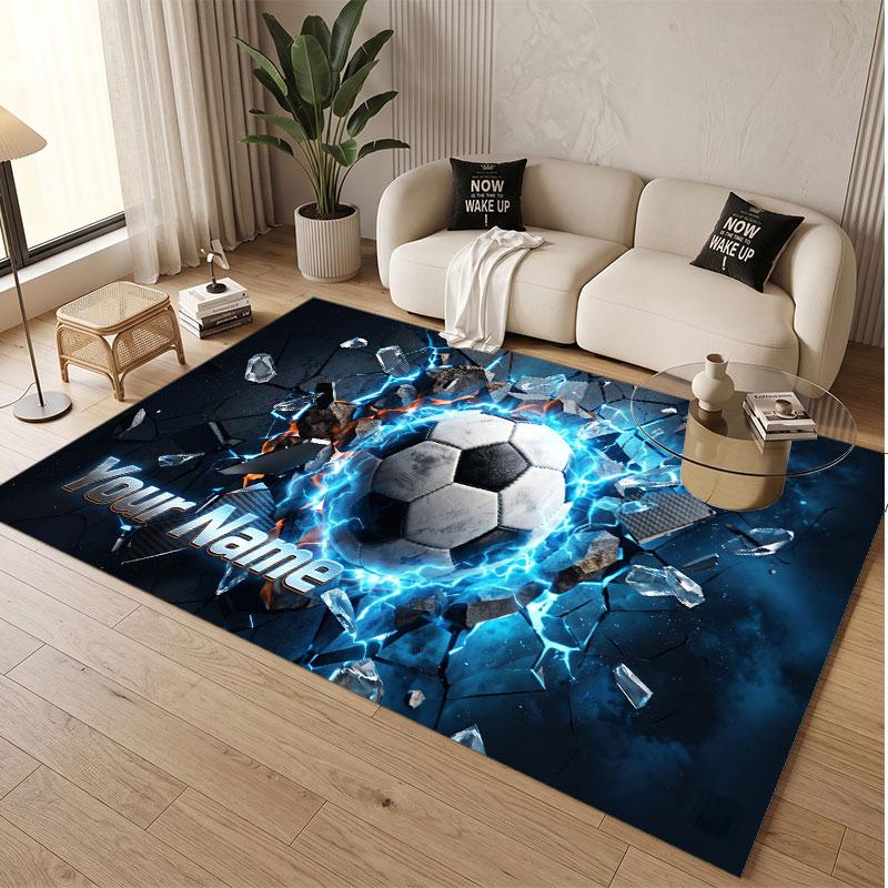 Fußball-Thema Weicher Kristall-Samt Teppich Benutzerdefinierter Name & Text Druck Rutschfester Boden Teppich für Schlafzimmer Wohnzimmer