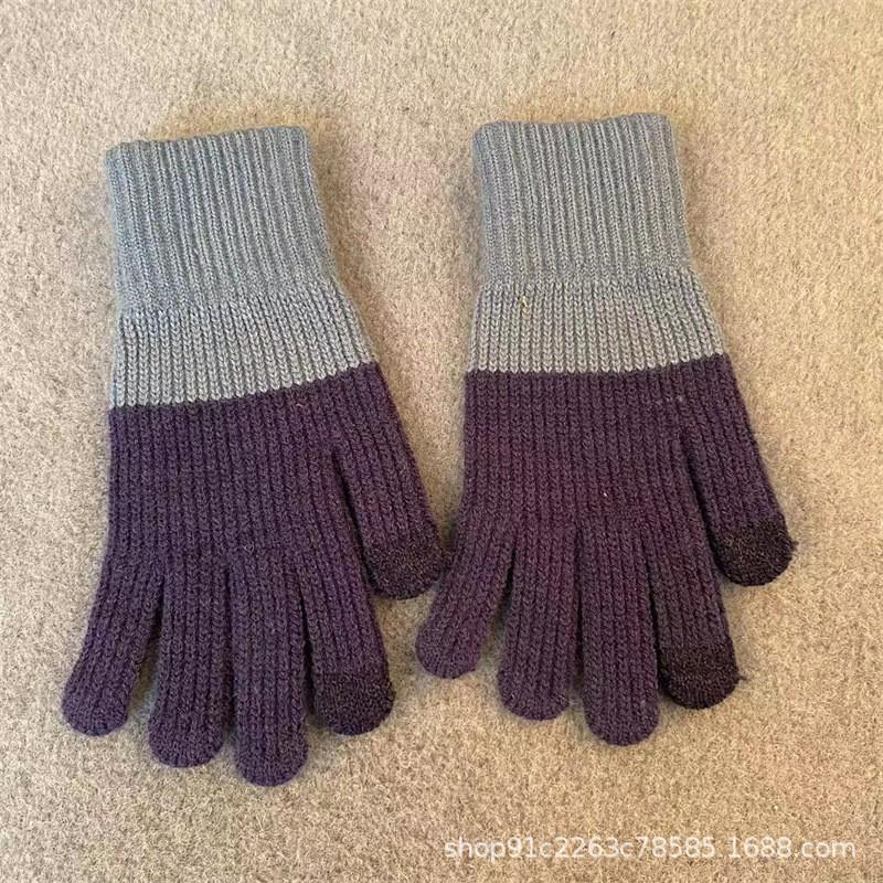 Warm Knitted Touchscreen Gloves Winter Thick Fleece Lined Color Block Design Unisex Full Finger