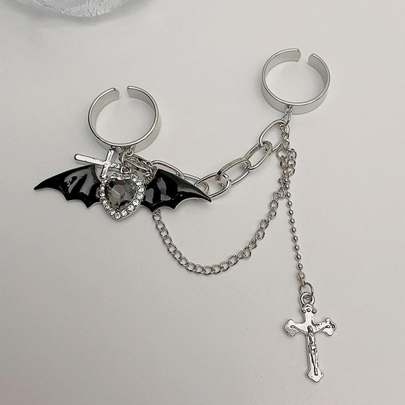Y2K Little Devil Heart Wing Ring for Women Men Gothic Dark Cross Chain Pendant Love Crystal Opening Two Fingers Fashion Jewelry