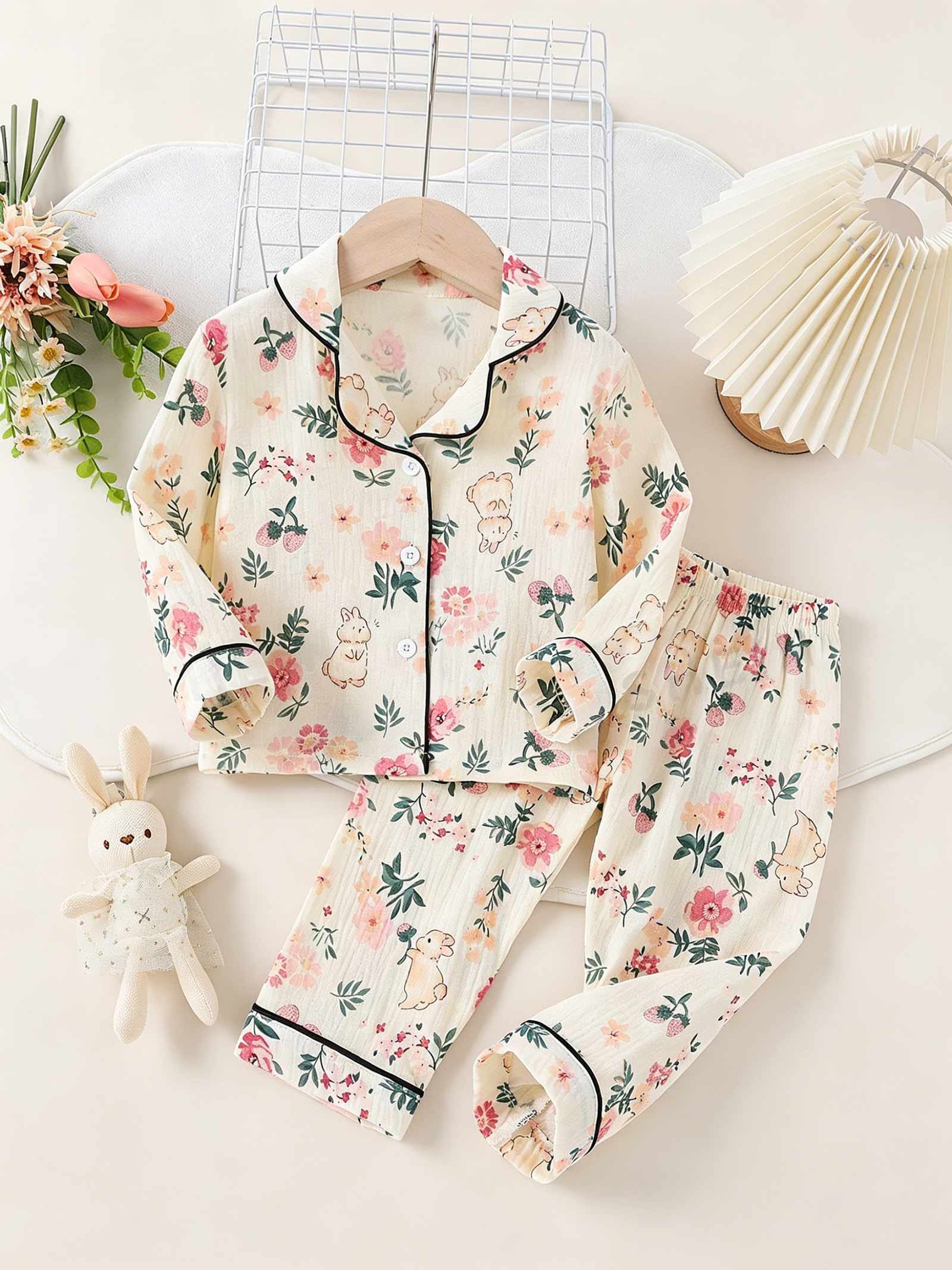 

Baby Girls Floral Rabbit Pajama Set, Long Sleeve Button Top & Pants, Soft Sleepwear for 6M-3T Toddlers 6-9M разноцветный