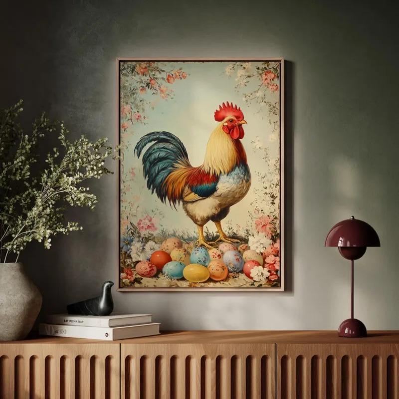 Rustic Rooster and Colorful Easter Eggs - Farmhouse Animal Wall Art Poster for Vintage Decor Poster 21X30CMNo Framed