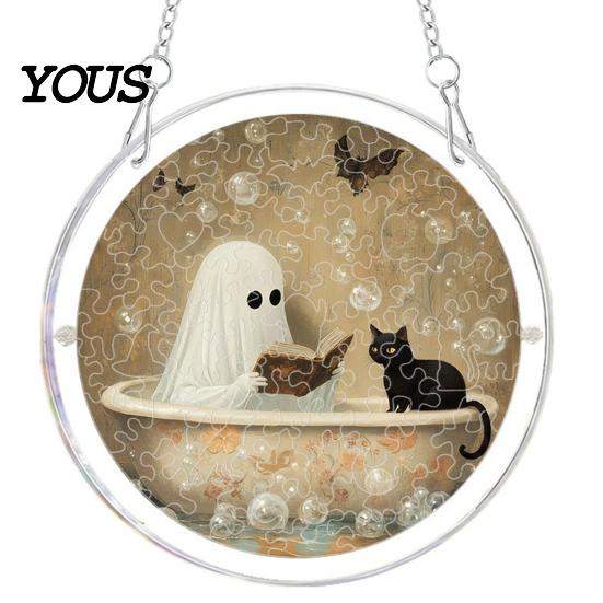 Acrylic Halloween Decoration Suncatcher Jigsaw Puzzle Set, Spooky Ghost Floral Meadow Window Hanging Ornament with Metal Lightweight Frame