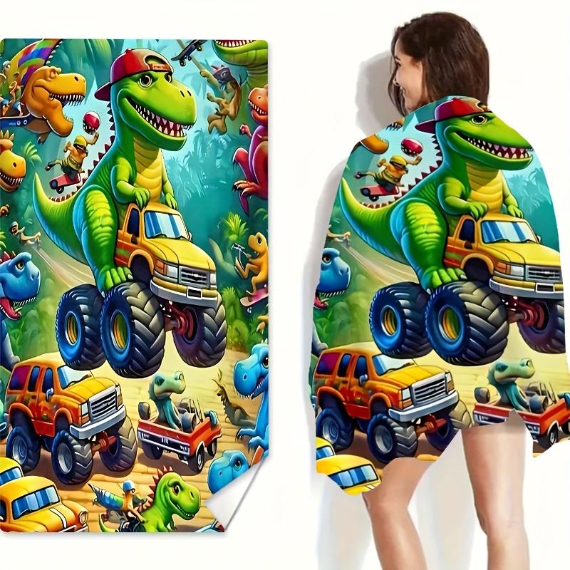 A Delightful Microfiber Beach Towel Featuring Playful Dinosaurs And Cool Cars! Bursting with Vibrant Colors And Lively Scenes