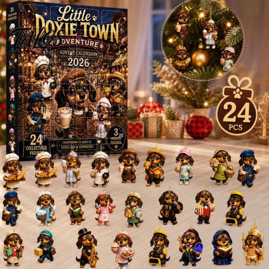 Dachshund Themed Party Supplies 2026 Christmas Advent Calendar, 24 Day Countdown Box with 2D Miniature Puppy Character Set Acrylic Ornaments, Festive