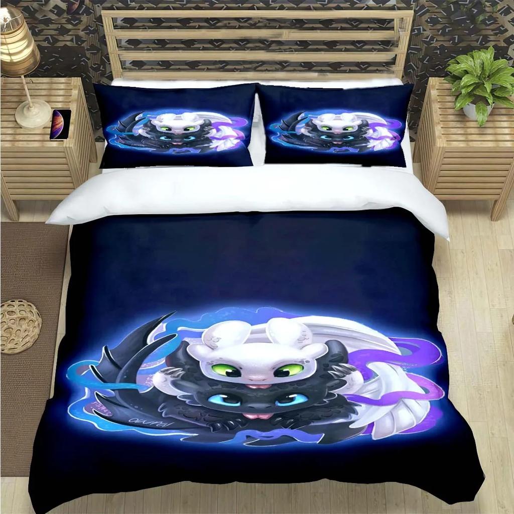 Anime-Themed Dragon Toothless Design Bedding, 3D Digital Print, All-Season Polyester Quilt Cover & 1/2 Pillowcases