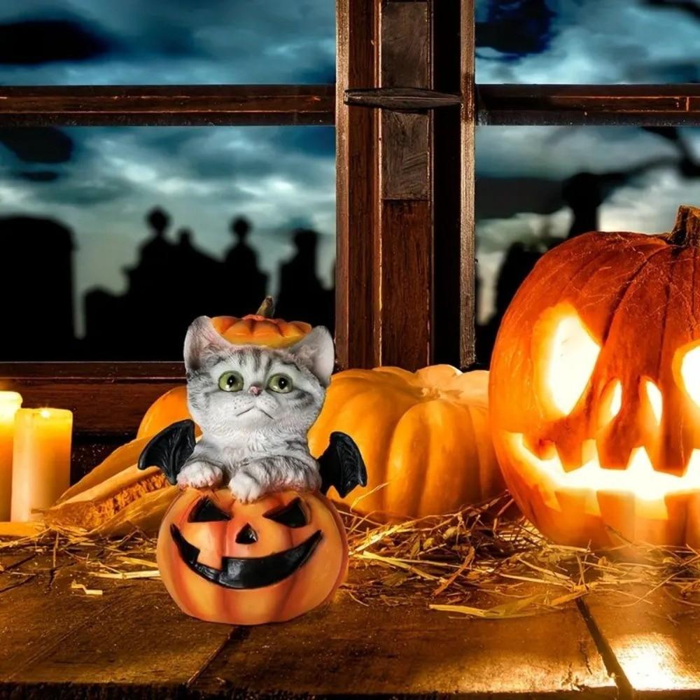 Vivid Cute Halloween Cat Pumpkin Statue Resin Crafts Handmade Pumpkin Ornament Decorative Simulation Cat Desk Figurine Gift Idea